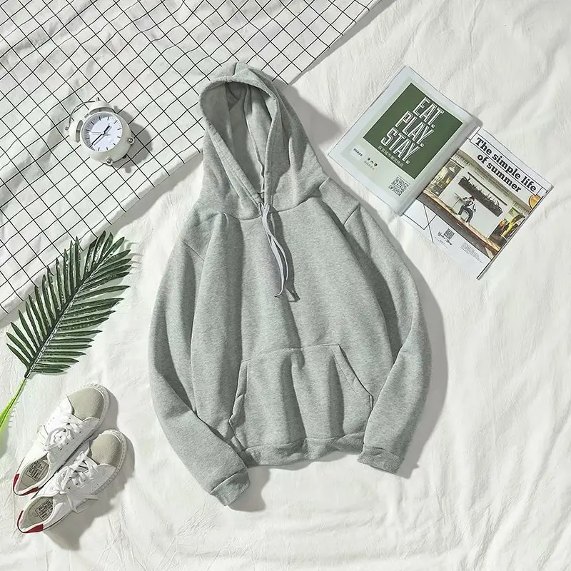 

Men Hoodies Sweatshirts Fleece Pullover Coat Loose Unisex Casual Hipster Match Eye-catching Tops Black Gray White Solid Color