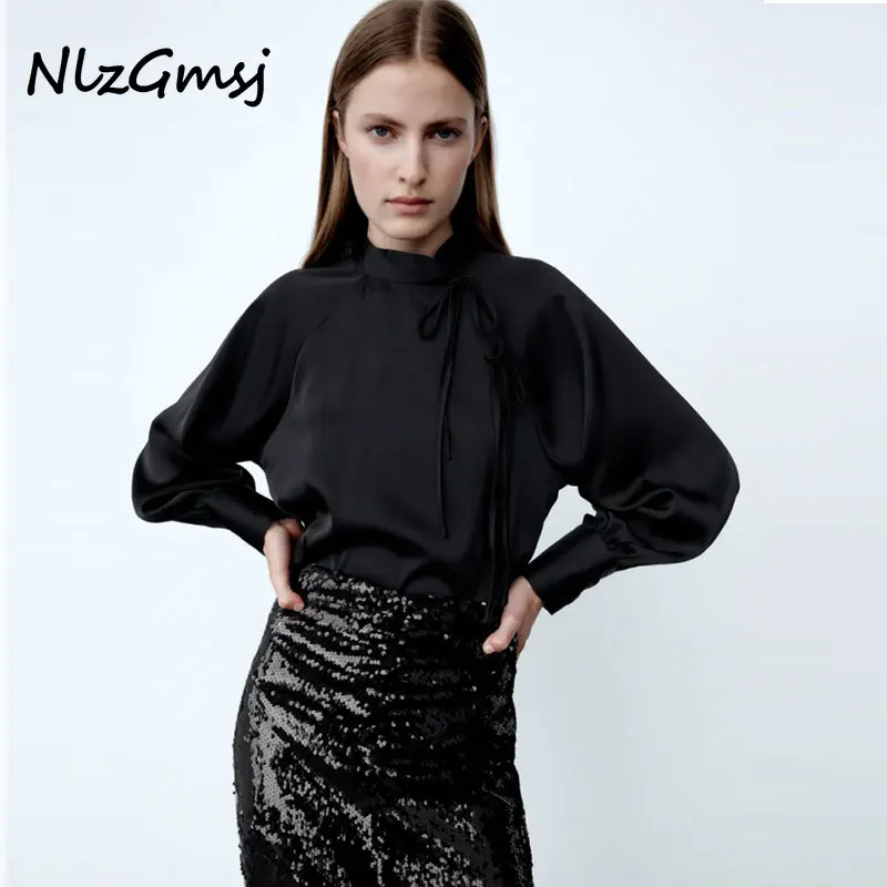 

Nlzgmsj Za Women 2021 Fashion Blouse Tops Autumn Elegant Lantern Sleeve Black Office Shirt Casual Party Blusas 202111