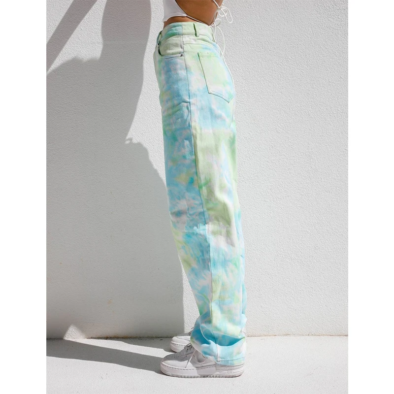 

Women's Jeans Fashion Random Tie-Dye Printed Green Straight Pants High Waist Casual Wild Fitting Denim Trousers with Pocket