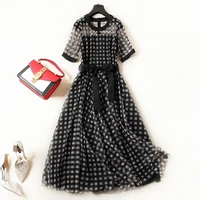 womens summer long skirt round neck chiffon plus size black lace up houndstooth gauze face for commuting dating holiday dress