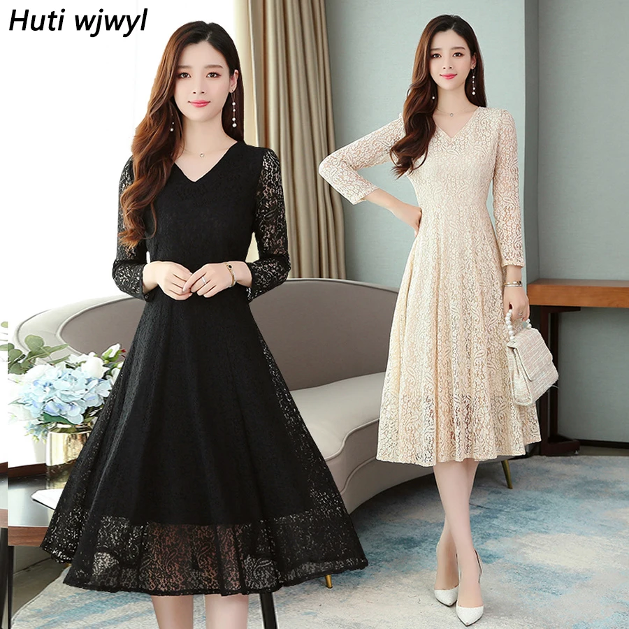 2019 женское винтажное черное кружевное пляжное миди платье осень зима однотонное