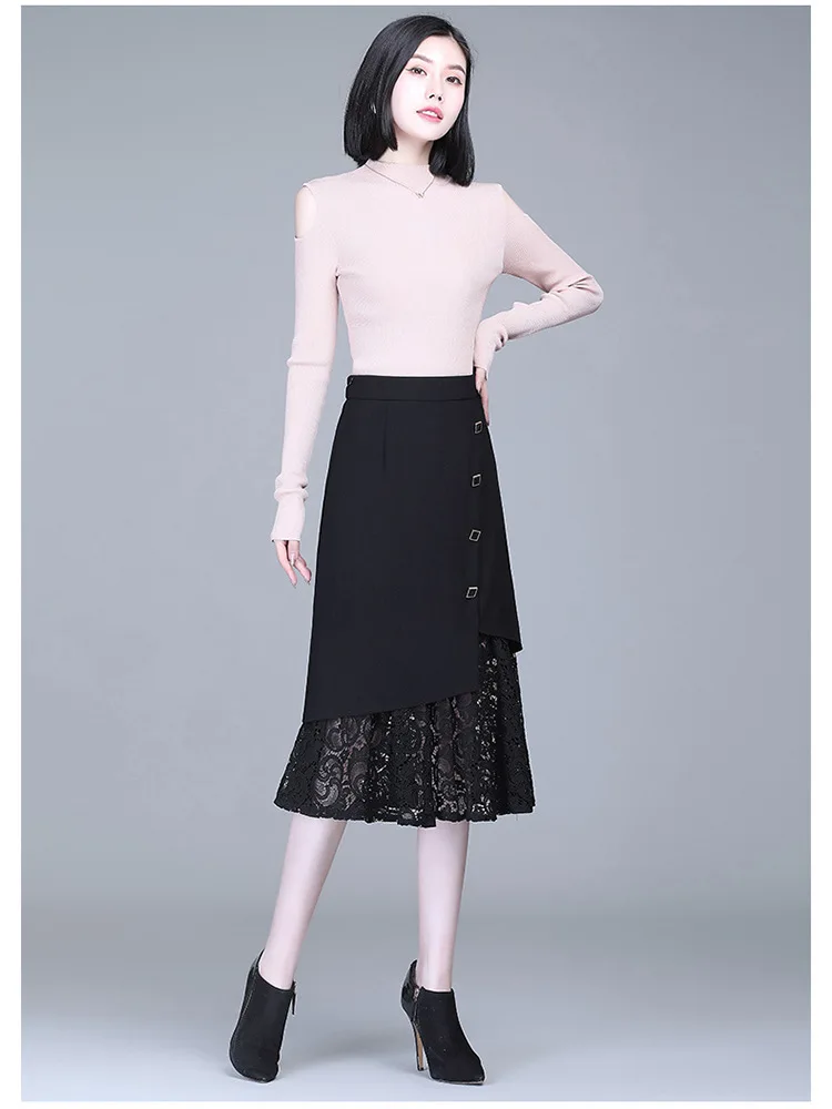 

Women High Waist Splice Lace Slim Casual Black Fishtail Skirt Spring Office Lady Elegant Formal Plus Size Mid-long Skirts 2021