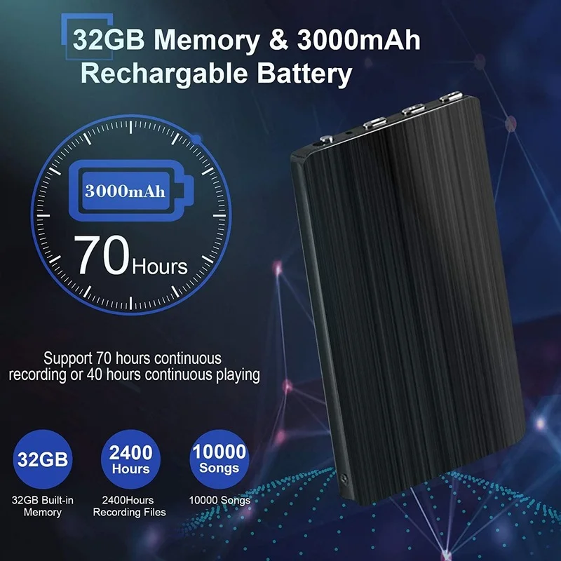

32GB Digital Voice Recorder 70 Hours Recording Time Ultra-thin HD Audio Recorder 365 Days Standby Battery Suitable for Meetings