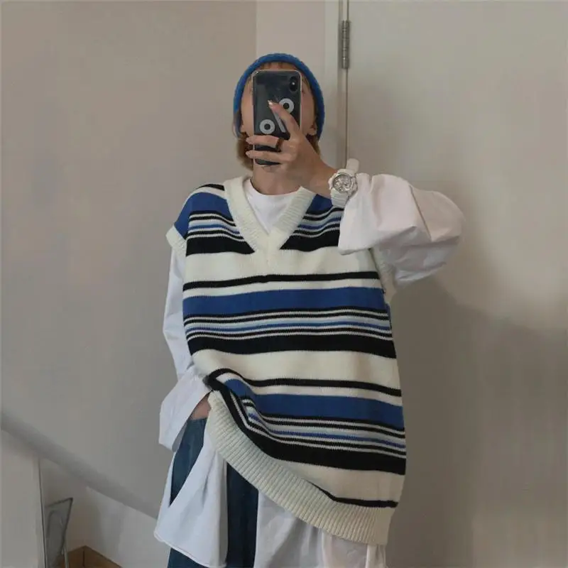

Vest Women's Sweater Sleeveless Vest Knitwear Autumn Winter New Harajuku Style Striped V-Neck Student Korean Version All-match