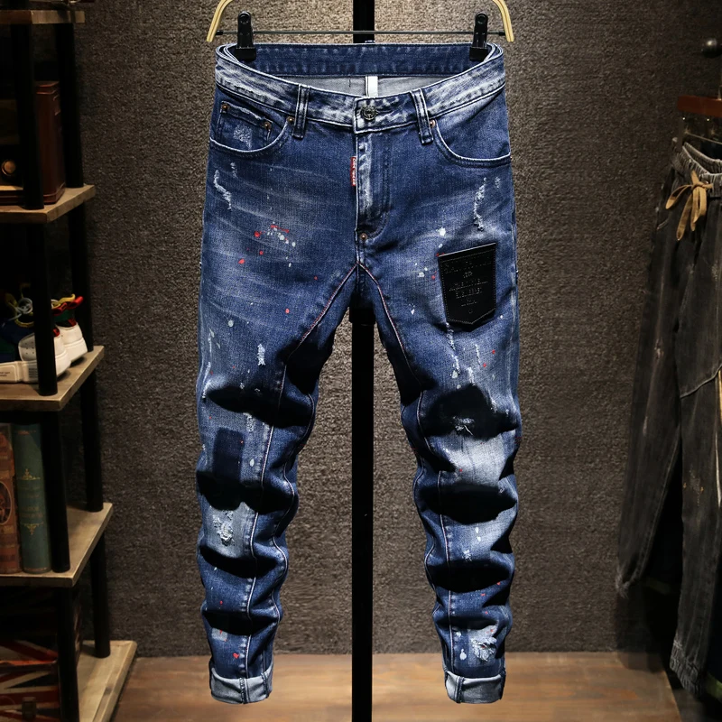 

American Street Fashion Men Jeans Retro Blue Elastic Slim Ripped Jeans Men Pocket Designer Hip Hop Splashed Denim Biker Pants