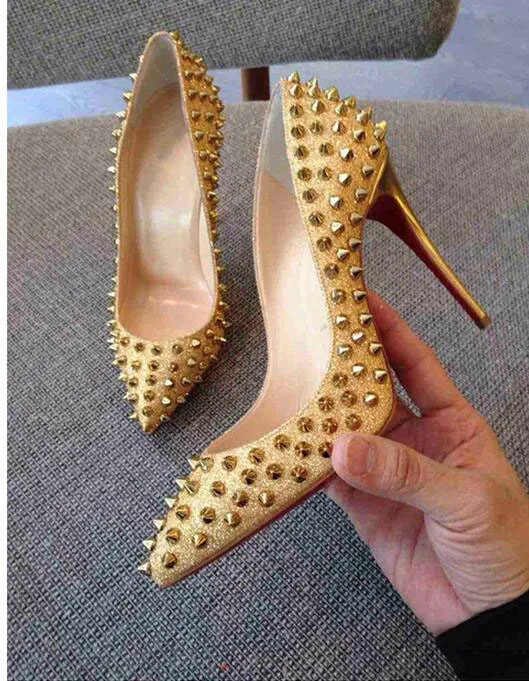 

New Luxury Women Shoes High Heel Rivets Pumps Red Bottom Pointed Studded Full Spikes Ladies Sexy Brand Wedding Shoes