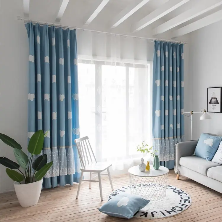 

White Clouds Patterns Blue Cartoon Cotton Linen Velvet Embroidered Curtains for Living Dining Room Bedroom Children's Room