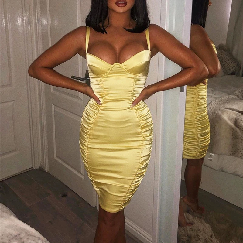 Мода блестящие Ruched Bodycon Вечерние Платье для ночного клуба Сатиновые туфли с ремешком мини платье Для женщин Vestidos сексуальный пуш-ап в обтяжку женская одежда