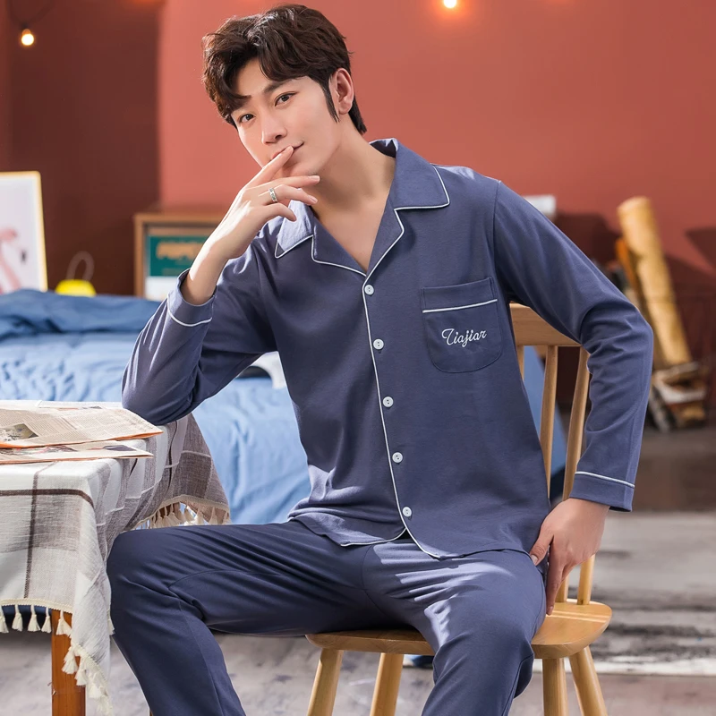 

100% Cotton Pajamas for Men New Style Warm Long Sleeve Male Pocket Pyjama Set 80 Kg 95 Kg Wear Sleep Top Pant Plus Size 4XL 5XL