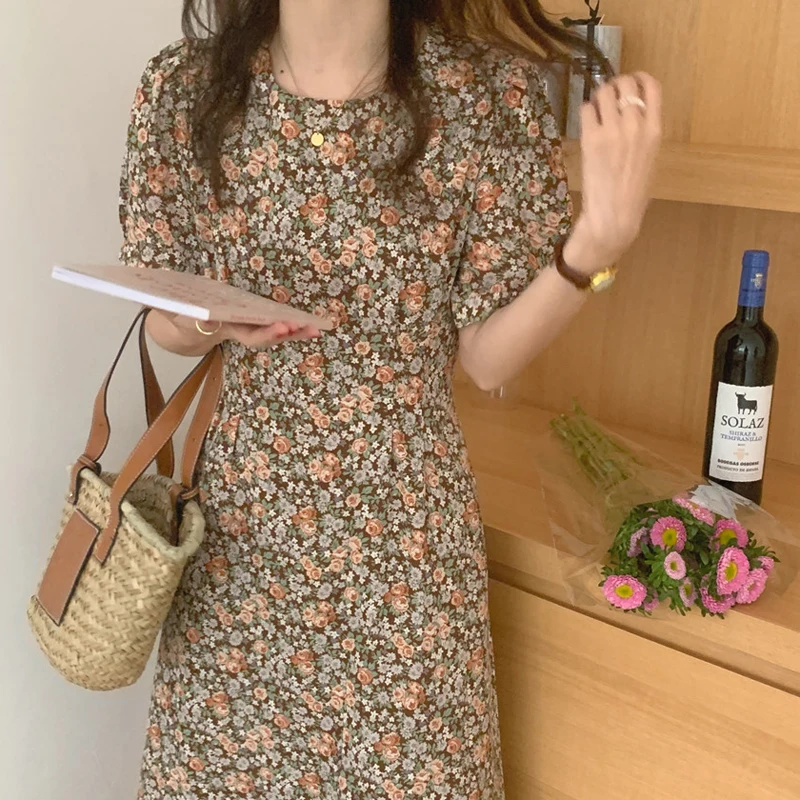 

HziriP OL Hot Summer New Chic Retro French Style Printing Puff Sleeve O-Neck Dress Office Lady Mid-Calf Loose Casual Dresses