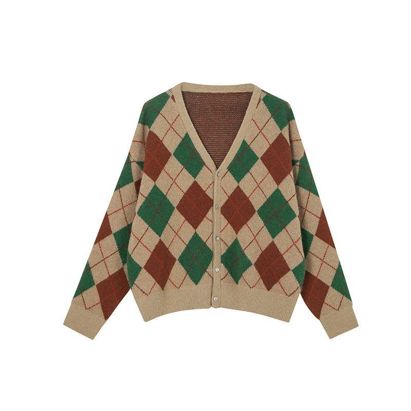 

Vintage Plaid Cardigan Women V Neck Full Sleeve Loose Sweaters Women 2022 Spring Autumn Korean Elegant Knitwear Female CX2423