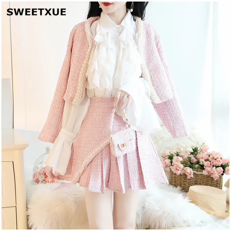 Твидовый комплект из двух предметов SWEETXUE короткая куртка расшитая бисером +