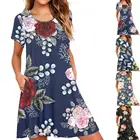 Женское Повседневное Платье До Колена, летнее платье с цветочным принтом, круглым вырезом, коротким рукавом и боковыми карманами, женская одежда для вечеринки