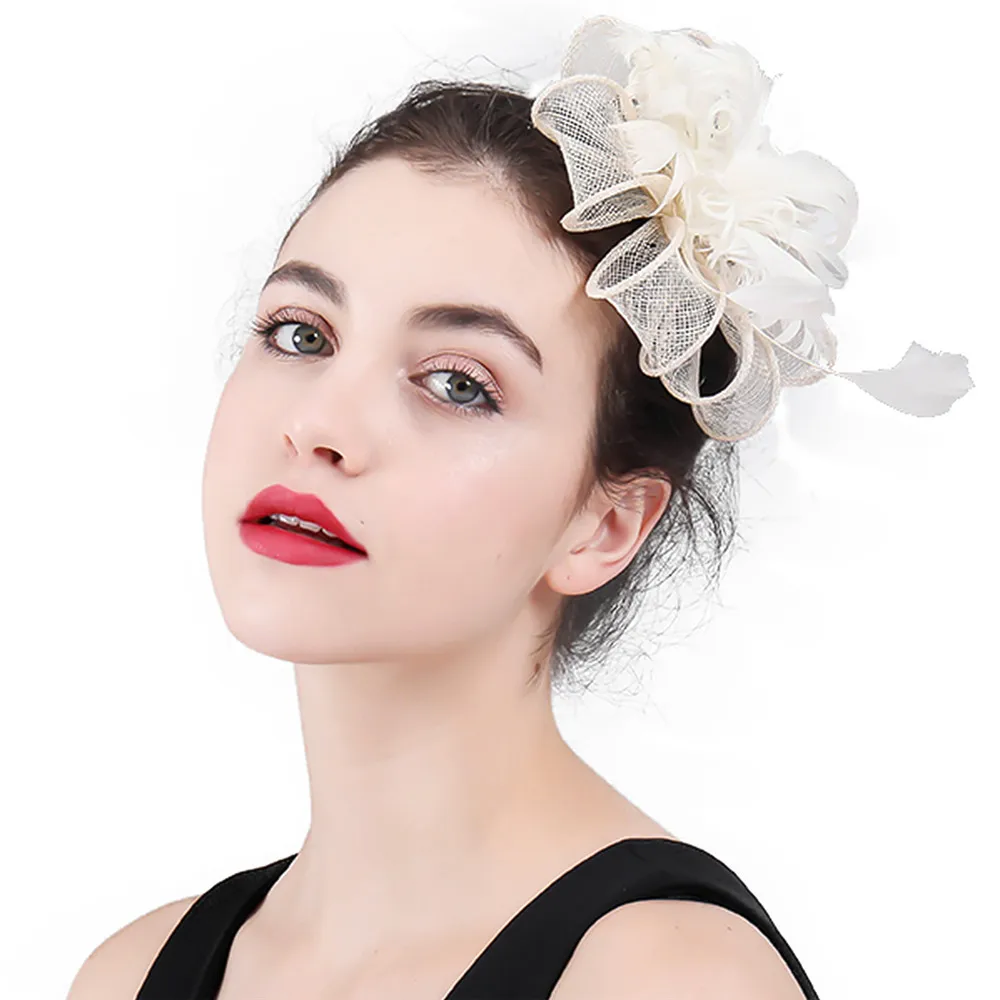 

Sinamay Church Fascinators Hat Fancy Feather Sinamay Loops Headwear Ivory Evening Party Accessories Race Hair Combs 2021 New