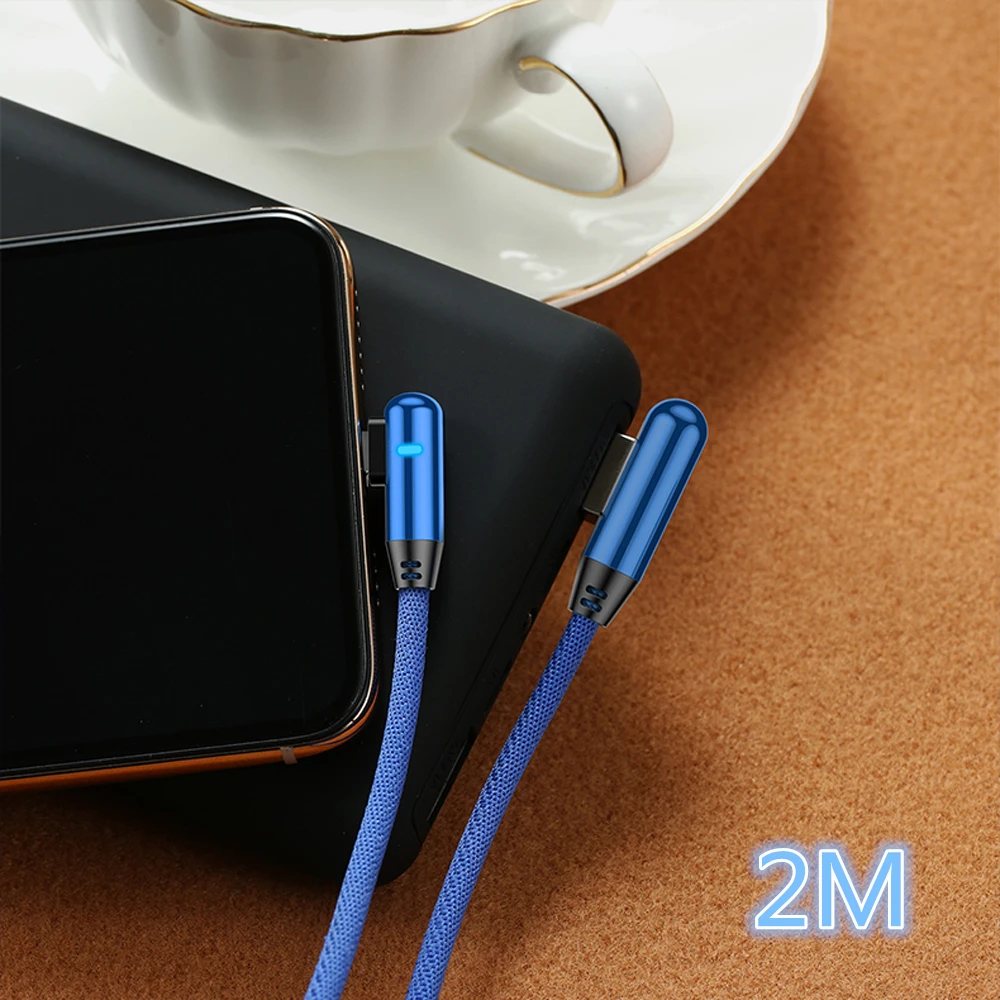 Светодиодный кабель usb type C на 90 градусов для iPhone Micro Quick Charge USB-C кабель для Xiaomi Redmi Note 7 для samsung S10 A50 Tipe-C - Цвет: 2M Blue