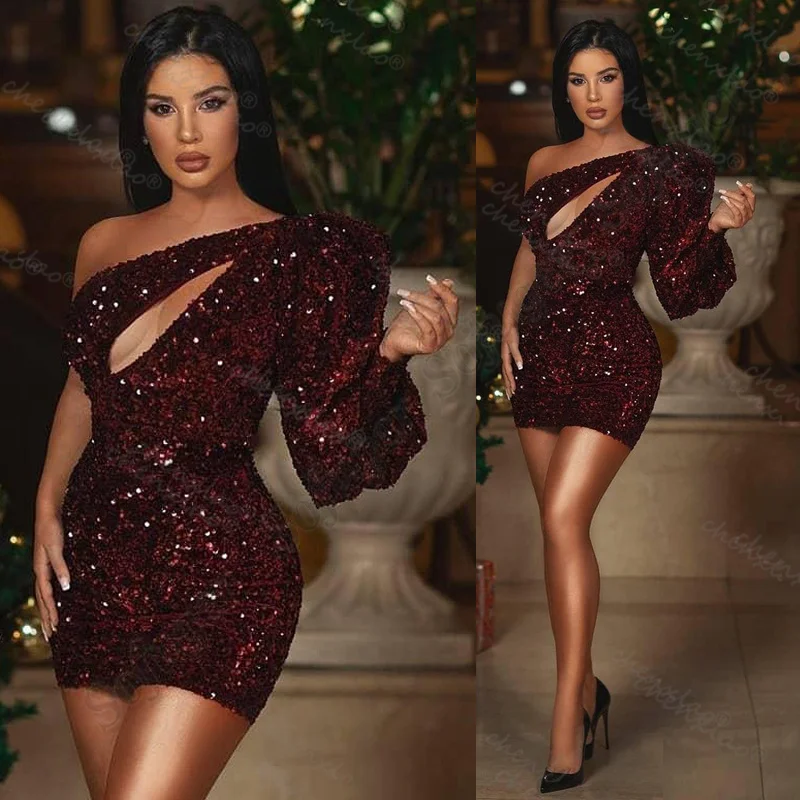 

Chen Xiao Cheap One-shoulder Long-sleeved Diamond Red Evening Dress Tight-fitting Hip Skirt Prom Dress Sexy Elegant Party Dress