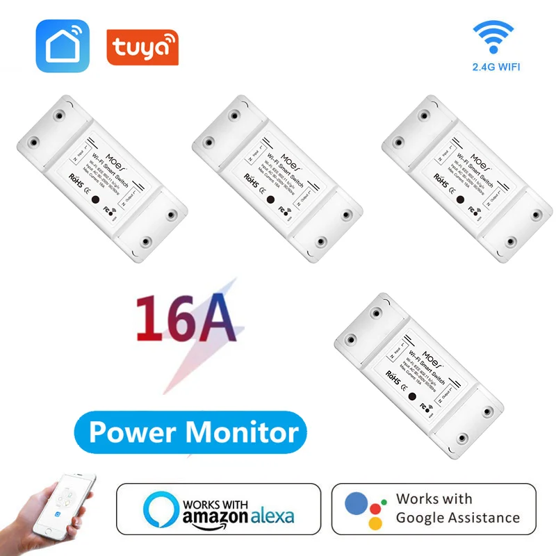 

1/5Pcs Smart Home Tuya Wifi Switch DIY Smart Controller 16A With Power Monitor App Remote Control Timer For Alexa Google Home