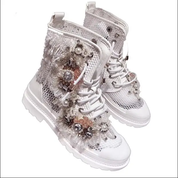

Handmade mesh openwork exquisite rhinestone beaded ladies wild fashion women's boots Martin boots