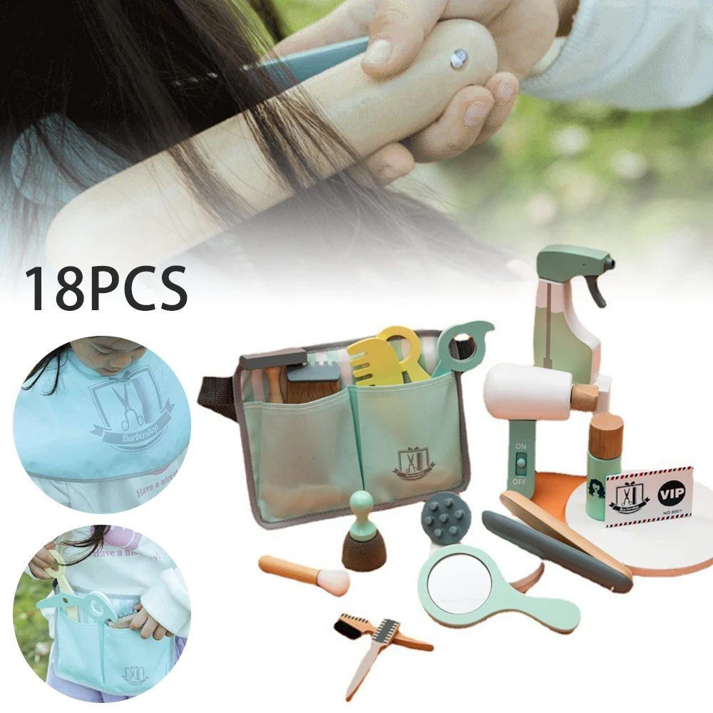 

18 Pcs Kids Wooden Barber Playset for Toddlers Hair Dryer Scissors Girl Play House Haircut Makeup Pretend Toy Set