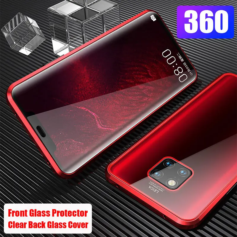 Роскошный металлический чехол с магнитным стеклом для huawei mate 20 Pro, чехол-Броня 360, защитная задняя крышка для всего тела, чехол для huawei mate 20Pro - Цвет: Full Red
