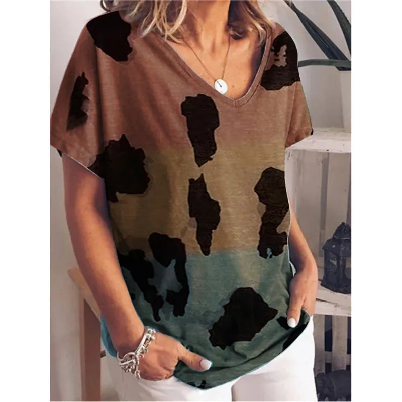 

2021 Summer New Gradient Color Stars Printing Tops Lady Short-sleeved O-Neck Tops Large Size 4XL 5XL Loose Casual Women T-shirts