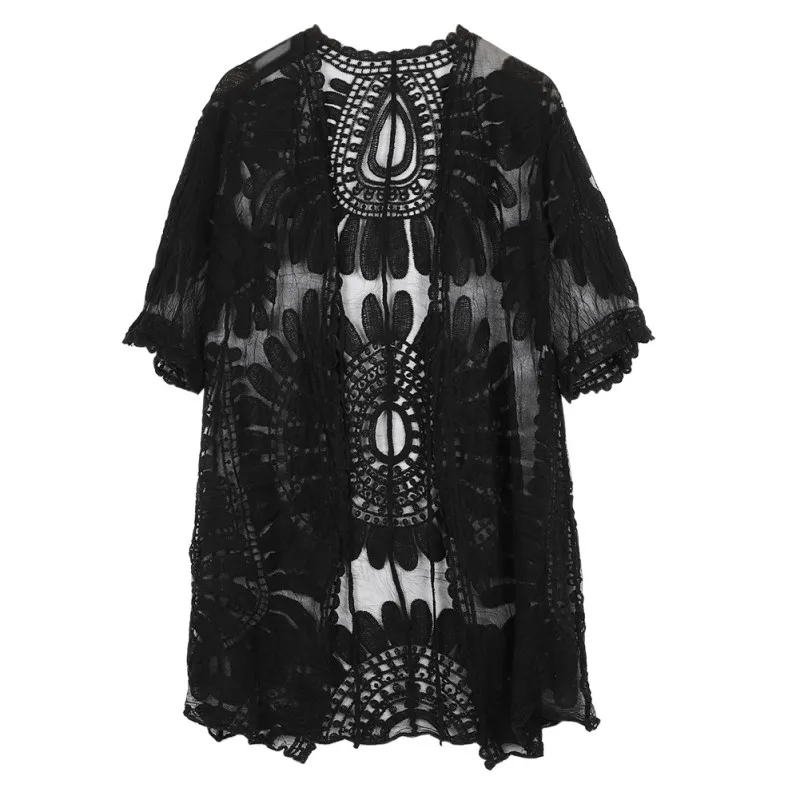 

Women Lace Embroidered Casual Long Sleeve Loose Sun Protection Summer Beach Tops