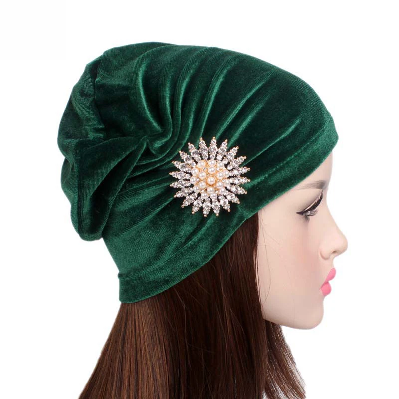 Женская бархатная Шапка-тюрбан с оборками и блестящими перламутровыми Головными