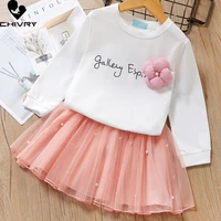 two piece girls dress clothing sets summer 2022 baby girls letter print flower long sleeve t shirts with skirt kids clothes suit