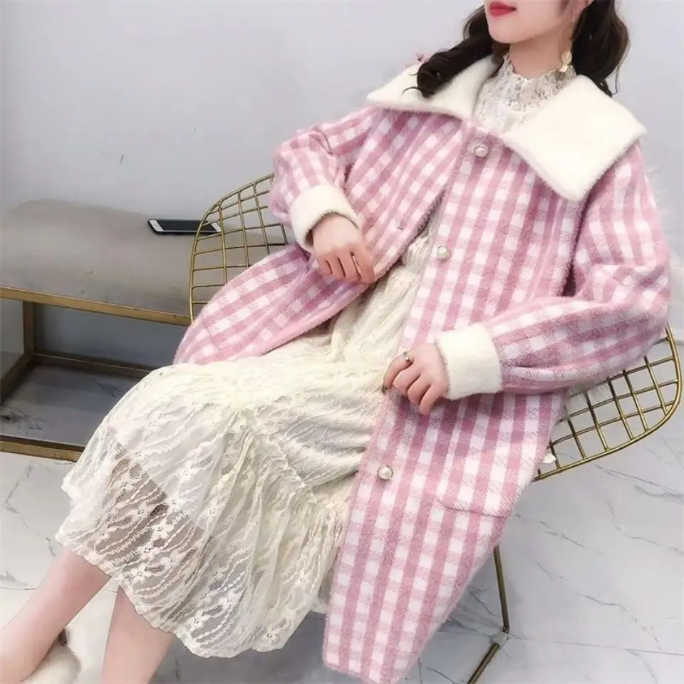 

Imitation Mink Velvet Coat Women's Mid-Length Plaid Coat Women's Woolen Coat Women's New Style for Autumn and Winter