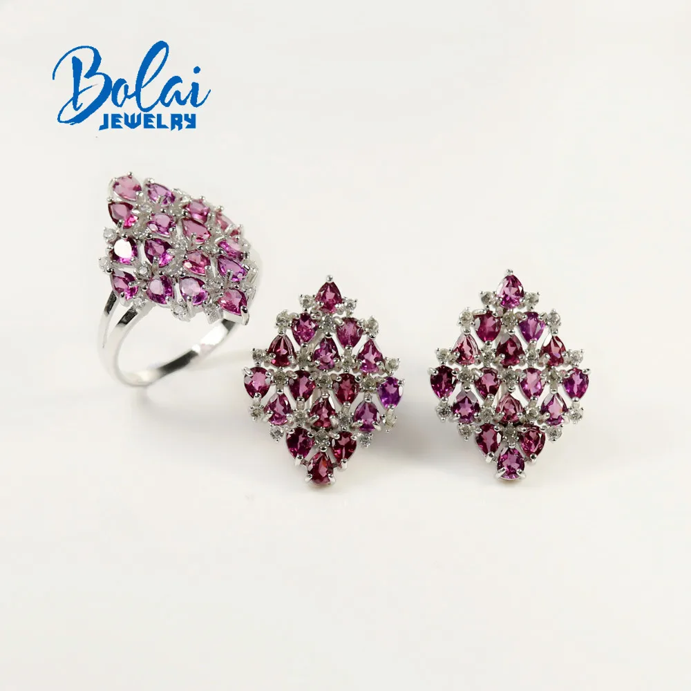 

Набор украшений bolaijewelry, кольца и серьги из натурального родолита, ювелирные изделия из стерлингового серебра 925 пробы, изысканные ювелирные...