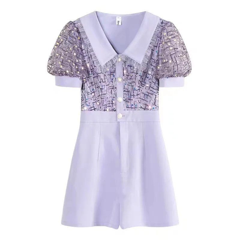 

2021 Stylish Jumpsuit Women Summer High Waist Puff Sleeve Patchwork Playsuit Women Combinaison Femme Plus Size Women Clothes