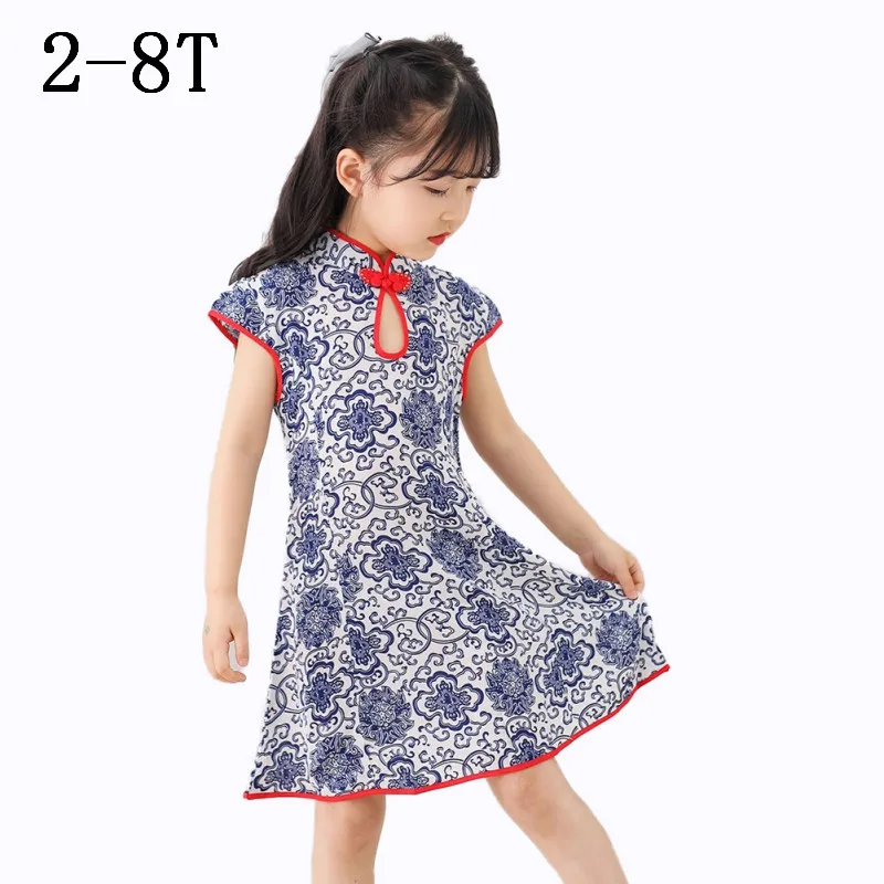 Хаки Китайское платье принцессы Cheongsam; летнее платье для маленьких девочек; детская одежда; милое хлопковое платье принцессы без рукавов с цветочным принтом - Цвет: Хаки