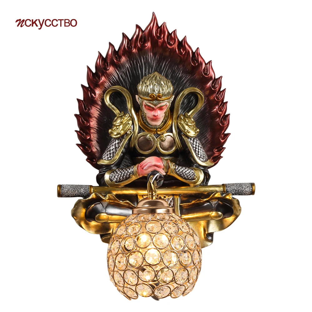 

Chinese Style The Monkey King Resin Crystal Wall Lamp Country Art Living Room Kitchen Corridor Wall Sconce Light Retro Loft Deco