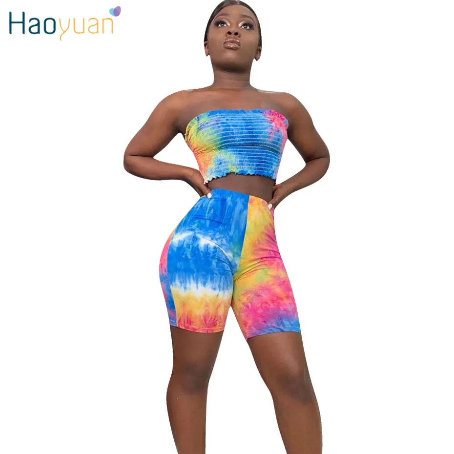 HAOYUAN Tie Dye/пикантная Женский комплект 2 шт. праздничная одежда укороченный топ и байкерские шорты Комплект из двух предметов, летняя Клубная одежда