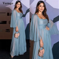 verngo dusty blue silk chiffon a line evening dresses puff long sleeves strapless floor length prom formal celebrity dress