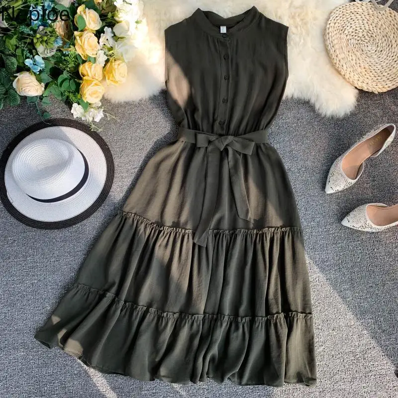 Женское платье с оборками Neploe корейское свободное летнее до середины икры без