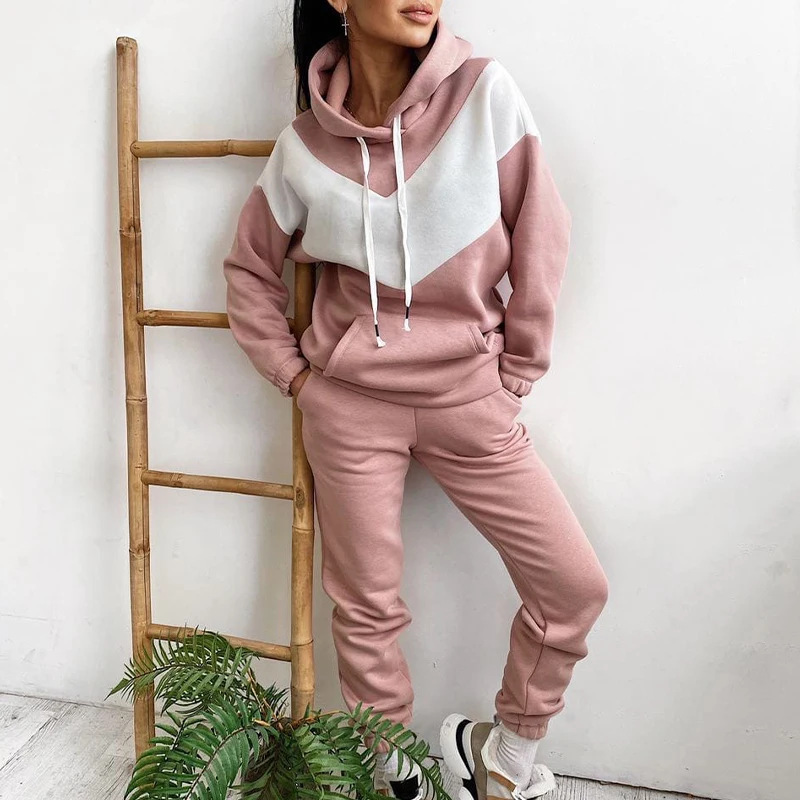 

Autumn Fashion Sports Pant Sets Women Contrast Long Sleeve Hooded Sweatshirts Woman Simple Casual Slim Women's Trousers Clothes