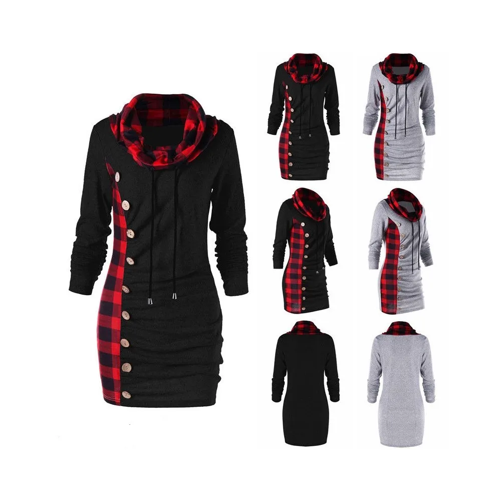 

S-3XL Women's Long Sleeve High Collar Plaid Button Ruffled Pencil Skirt Fashion Spring And Summer New Casual Long Sleeve Dress