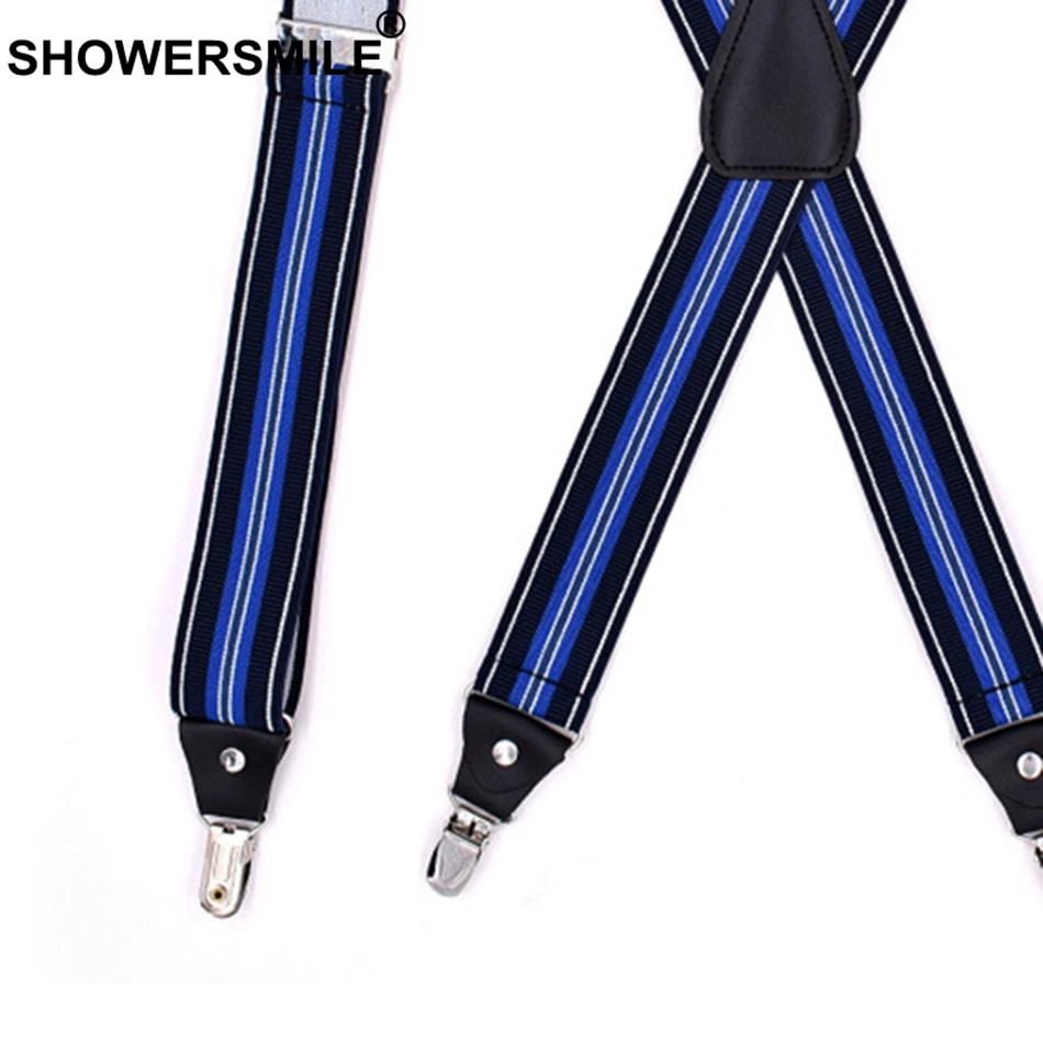 Мужские подтяжки SHOWERSMILE синие с полосками на спине 4 зажима эластичные