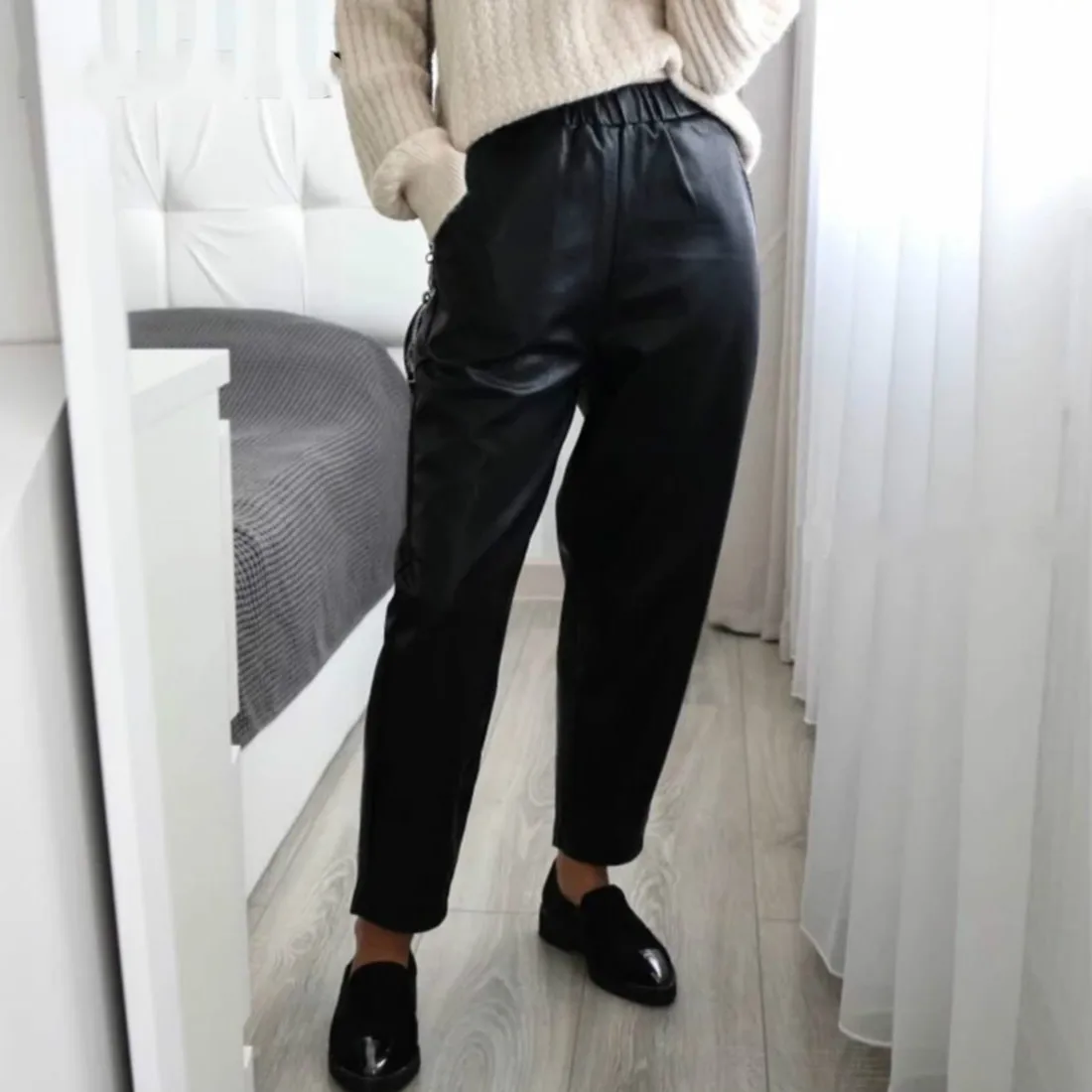 

Autumn Winter New Black Faux Leather Women's Casual Pants Elastic Waist Female PU Harem Streetwear Chic Trousers Plus Size