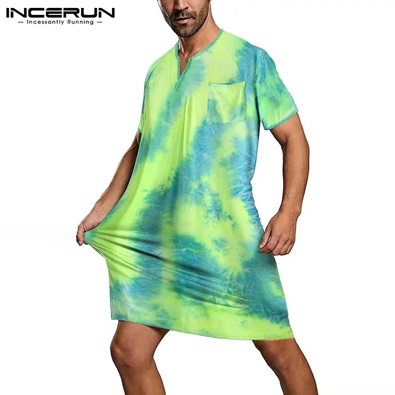 

Men Robes Tie Dye Homewear V Neck Short Sleeve Sleepwear Comfortable 2021 Leisure Bathrobes Pockets Men Nightgown S-5XL INCERUN