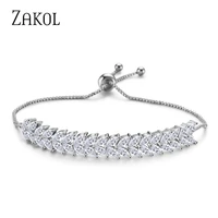 zakol fashion zirconia leaf adjustable bracelets for women pulseras mujer wedding crystal bracelet charm party jewelry bp1009