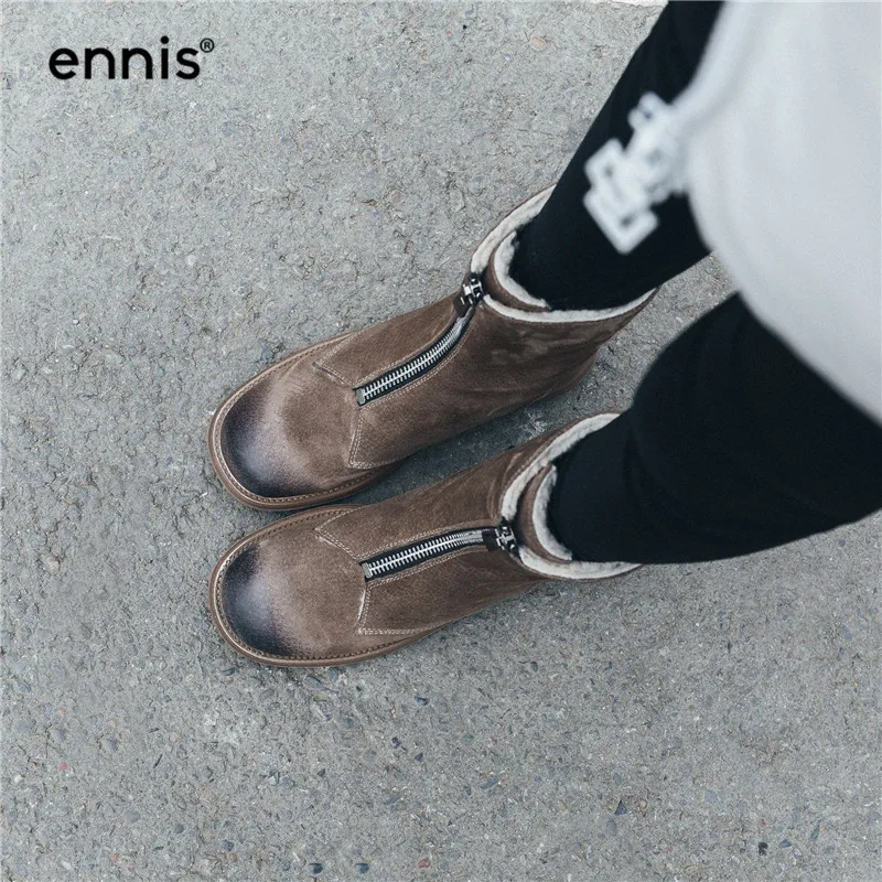 ENNIS/Брендовые женские зимние ботинки женские ботинки в стиле ретро на низком каблуке обувь из натуральной кожи модные теплые ботинки на молнии цвета хаки, черного цвета Новинка, A9244