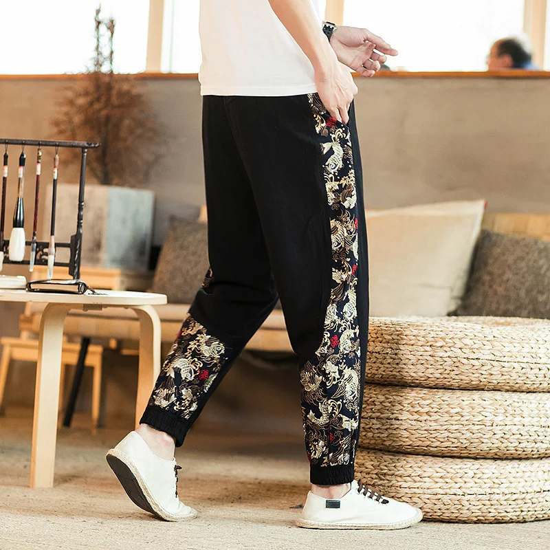 

#8034 Spring Vintage Cotton Linen Pants Men Black Side Spliced Color Japanese Streetwear Cotton Linen Pencil Harem Pants Joggers