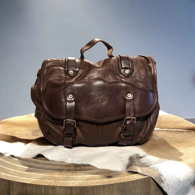 

Genuine Leather Men's Handbags Vintage Vegetable Tanned Cowhide Leather Shoulder Messenger Bag Large Capacity Portable Bags