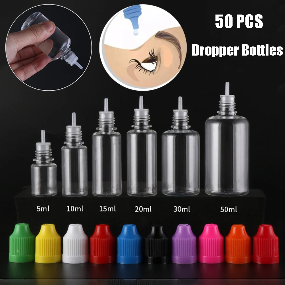 

50pcs PET Plastic Empty Dropper Bottle 5ML 10ML 15ML 20ML 30ML 50ML Liquid Eye Clear Water Bottle Long Tip Cap with Funnel