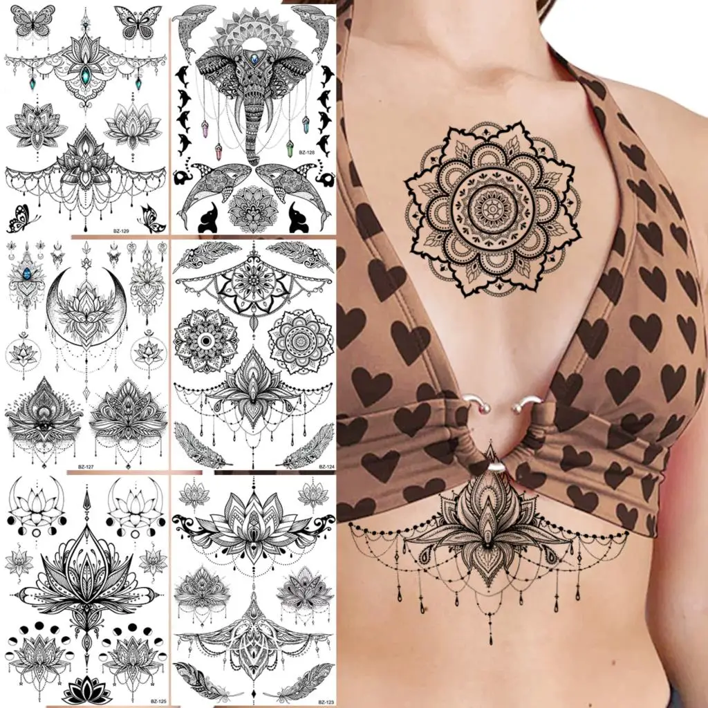

Black Mandala Henna Temporary Tattoos For Women Girls Elephant Butterfly Whale Pendant Lotus Fake Sticker Chest Arm Tatoos Party