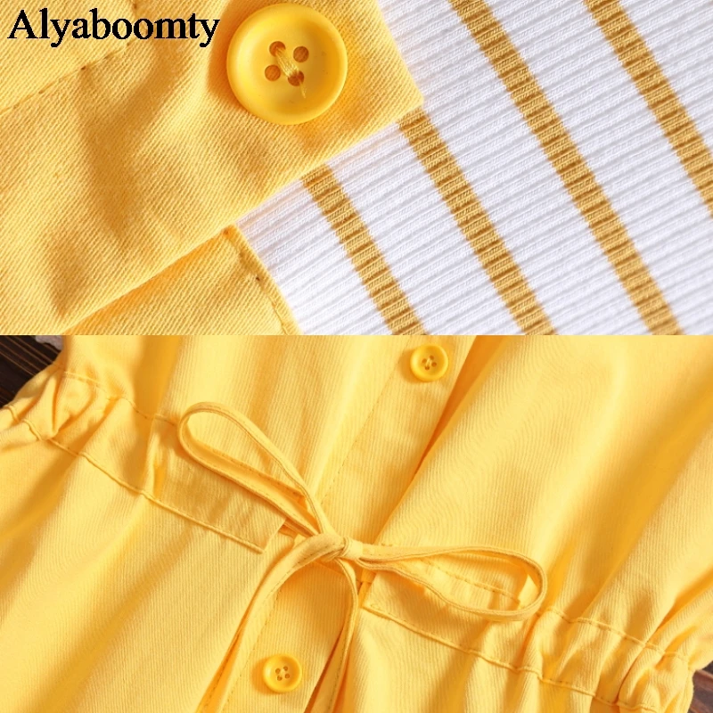 

Japanese Preppy Style Summer Women Shirt Dress O Neck Knitted Striped Cotton Patchwork Yellow Dress Short Sleeve Student's Dress