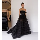 Современное черное Тюлевое платье Verngo с оборками, ТРАПЕЦИЕВИДНОЕ длинное вечернее платье на бретельках, многоярусная юбка, платье для выпускного вечера, Платья для особых случаев на заказ