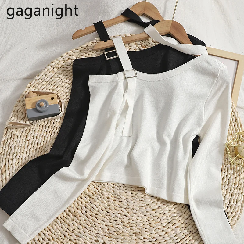 

Gaganight пикантный женский свитер с открытыми плечами однотонные модные корейские пуловеры 2021 Новинка укороченные джемперы тонкие тянущиеся ...